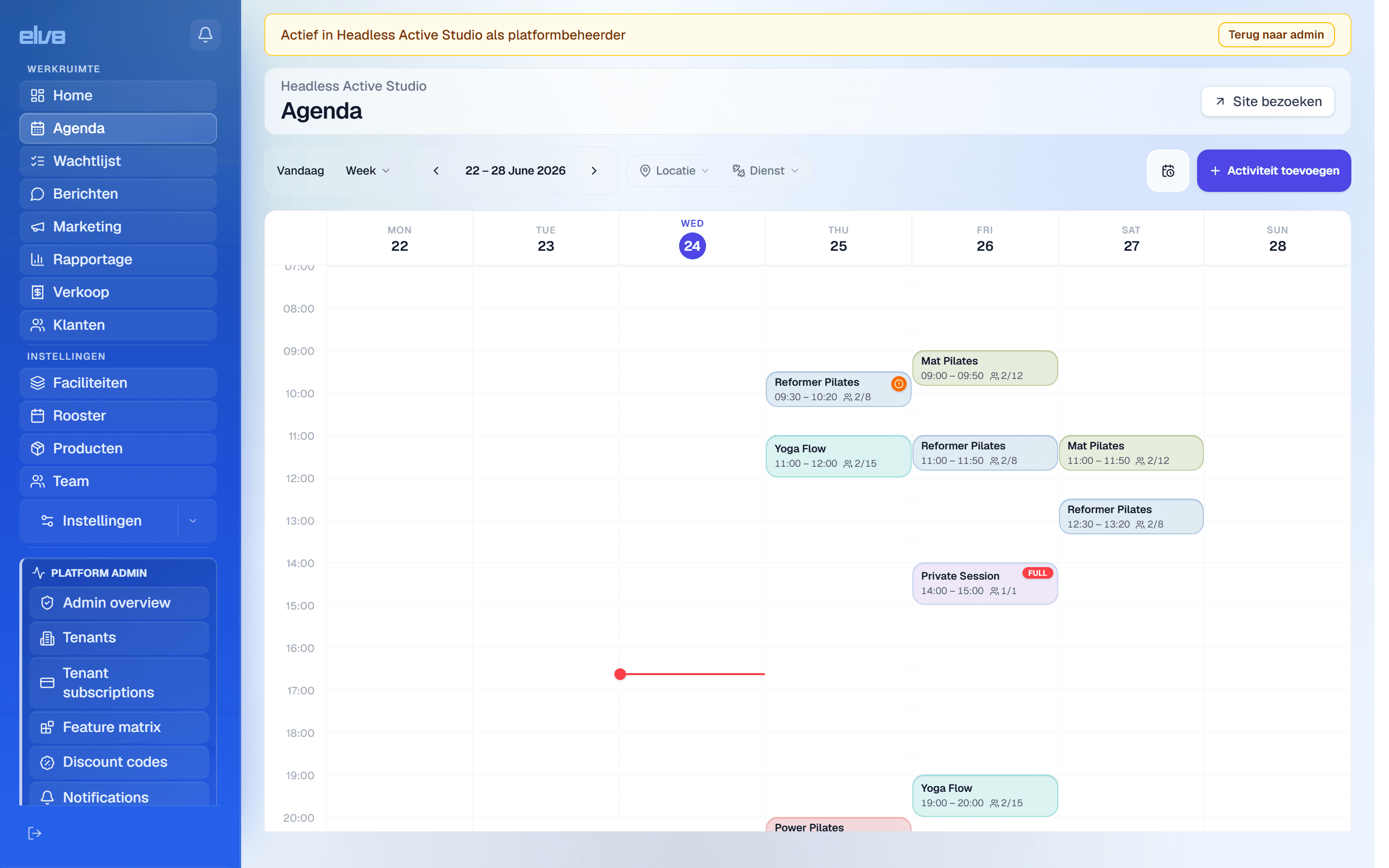 Agenda-weekoverzicht van Headless Active Studio voor 22 tot 28 juni 2026 met ingeplande sessies: Reformer Pilates, Yoga Flow, Mat Pilates en een volgeboekte Private Session (FULL-label) verspreid over de week