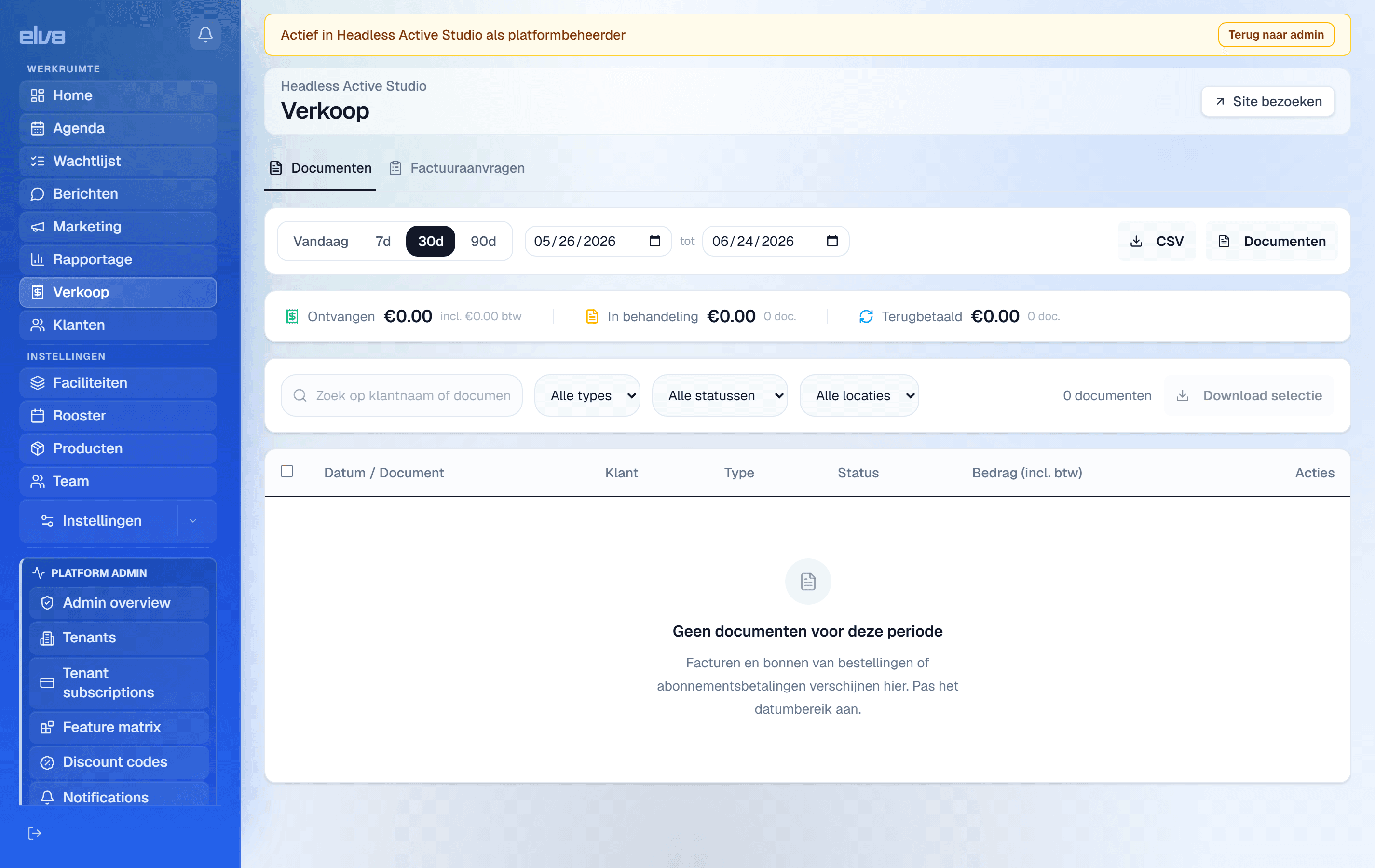 Verkoop-pagina van Headless Active Studio, tabblad Documenten, gefilterd op de afgelopen 30 dagen (05/26/2026 – 06/24/2026): totalen Ontvangen €0,00 / In behandeling €0,00 / Terugbetaald €0,00 — geen documenten voor die periode